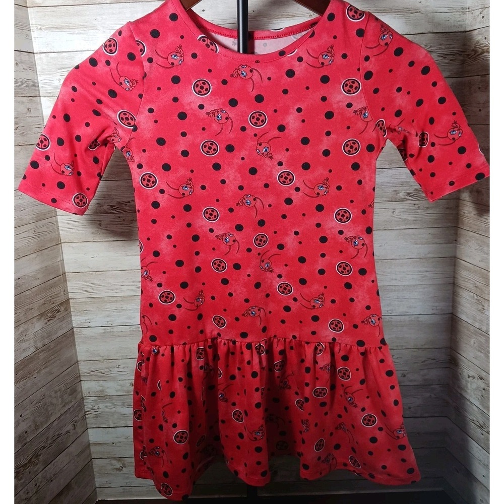 Miraculous Ladybug Girl's soft knit red print dress with 3/4 sleeves Sz 6/6X